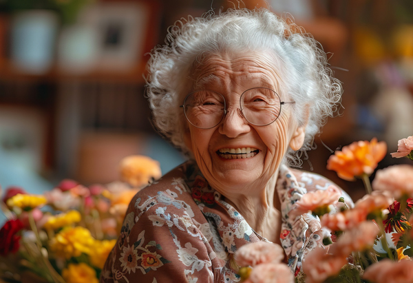 Äldre kvinna omgiven av blommor.